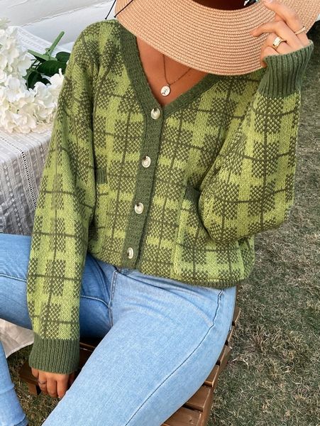 

plaid pattern drop shoulder cardigan h4x8#, White;black