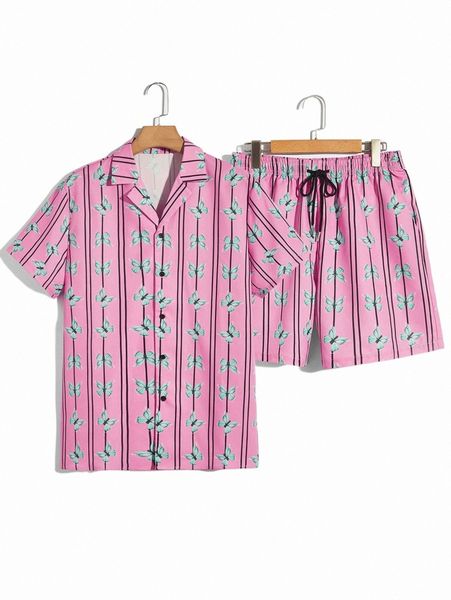 

romwe guys striped butterfly print shirt & shorts v0op#, Gray