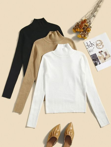 

3pcs ribbed knit mock neck sweater z5m5#, White;black