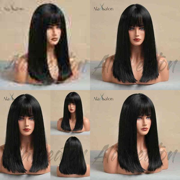 

wig women's net red black medium long hair wig qi bangs straight girl sense lady 220527