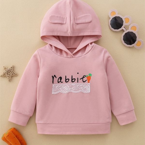 

baby cartoon & letter graphic contrast lace 3d ear design hoodie she, Black