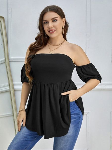 

sxy plus off shoulder puff sleeve peplum rib-knit tee l24r#, Black