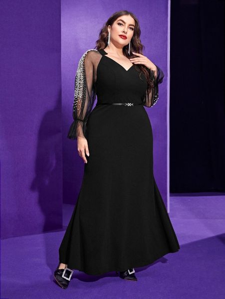 

plus pearl beaded contrast mesh flounce sleeve belted dress w5nv#, Black