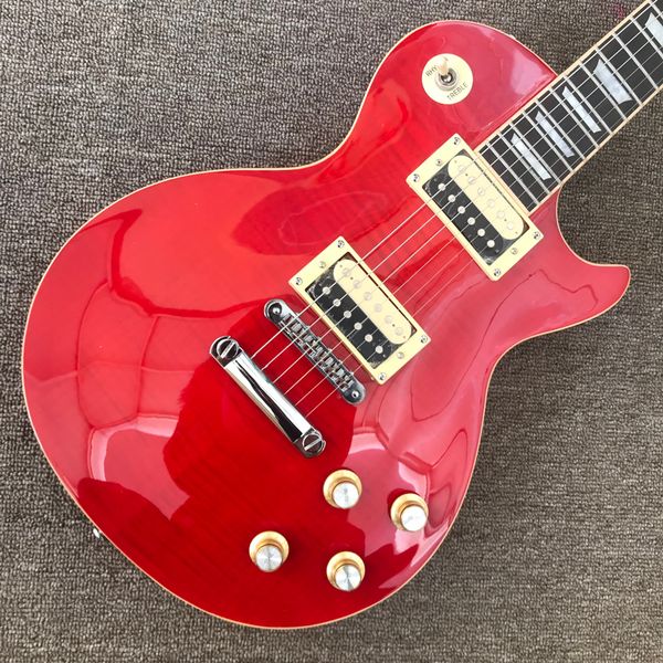 

lp electric guitar, rosewood fingerboard, one piece of body and neck, frets binding, tune-o-matic bridge, chrome hardware, transparent red m