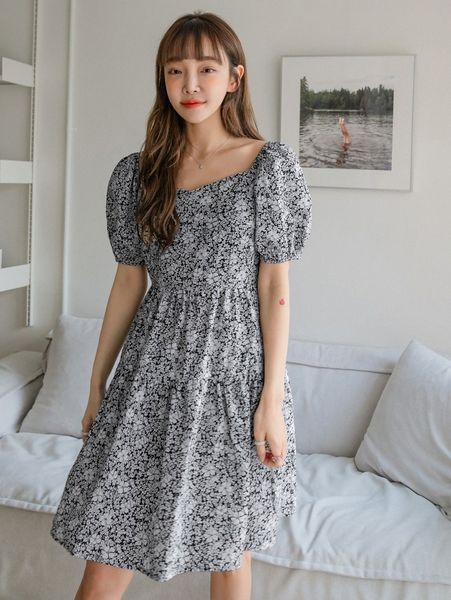 

dazy allover floral print puff sleeve dress p8be#, Black;gray