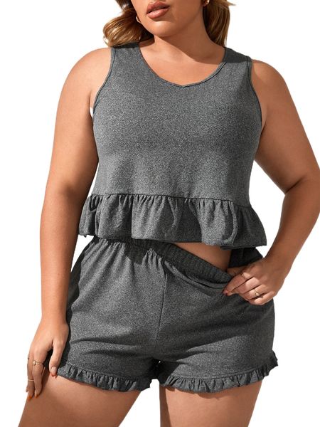 

plus ruffle hem lounge set s1zy#, Black;white