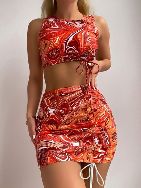 

allover print drawstring bikini swimsuit with beach skirt e1rq#, White;black