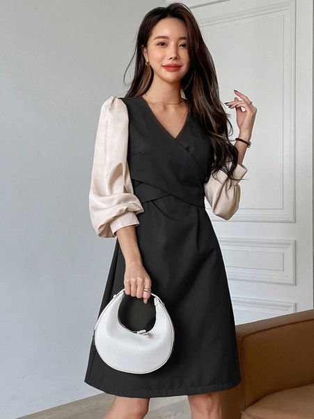 

dazy crossover tie back lantern sleeve dress q8f5#, Black;gray