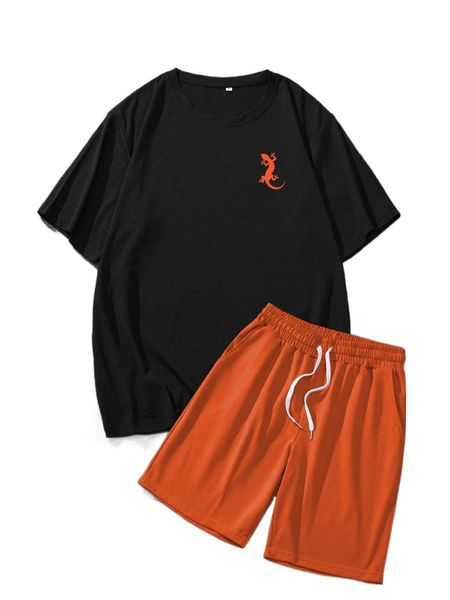 

men lizard print tee & drawstring waist shorts p4im#, Gray