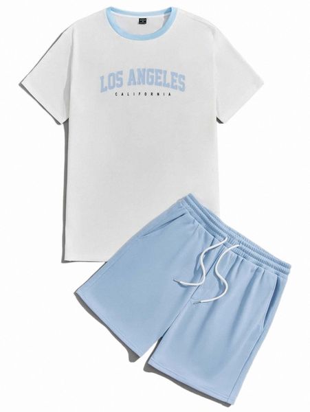 

men letter graphic contrast trim tee & drawstring waist shorts s6dg#, Gray