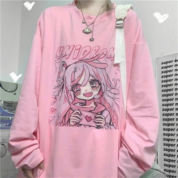 

qweek kawaii woman tshirts pink fashion cute print t shirt women long sleeve loose casual plus size graphic t shirts 210312, White