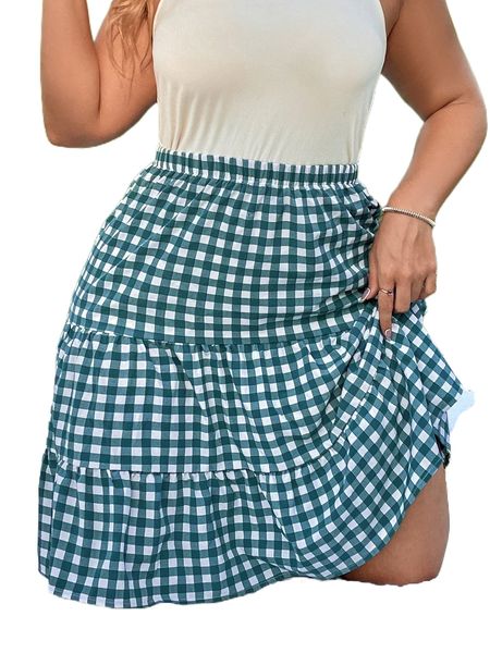 

plus gingham ruffle hem skirt q6s4#, Black