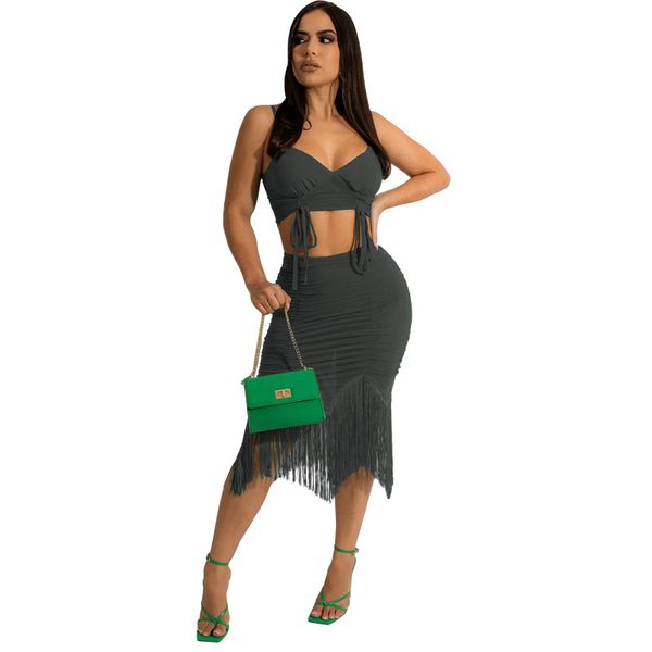 

two piece dress solid suspenders drape fringed skirt, White