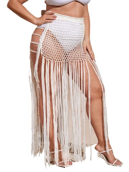 

plus crochet fringe hem cover up skirt x84k#, Black