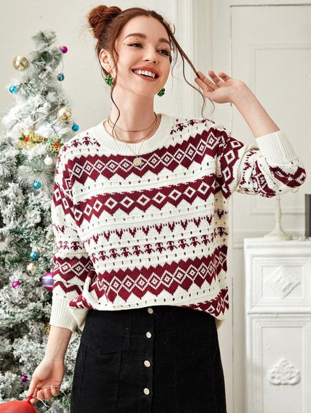 

christmas print drop shoulder sweater u2ao#, White;black