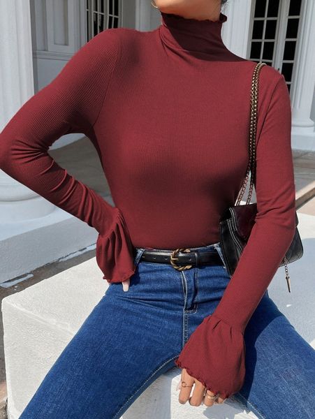 

high neck flounce sleeve rib-knit tee r3kg#, White