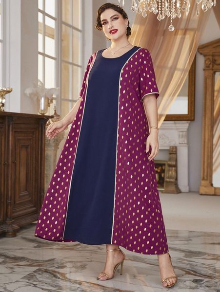 

plus golden dot print colorblock tunic dress t7ln#, Black
