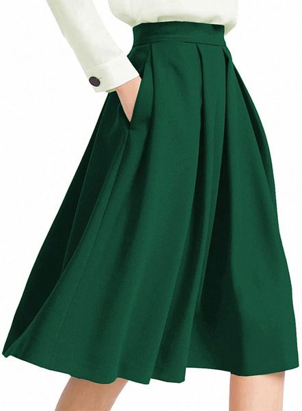 

women's high waist flared skirt pleated midi skirt with pocket y2zu#, Black;gray