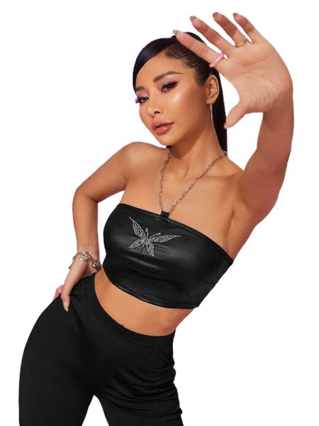 

rhinestone butterfly pattern chain detail halter e0jx#, White