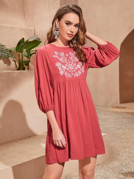 

bishop sleeve floral embroidery smock dress h59x#, Black;gray