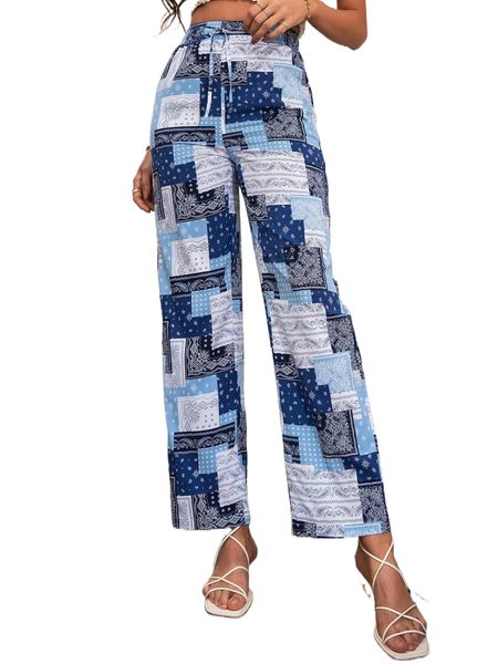 

paisley & patchwork print tie front pants a1pl#, Black;white