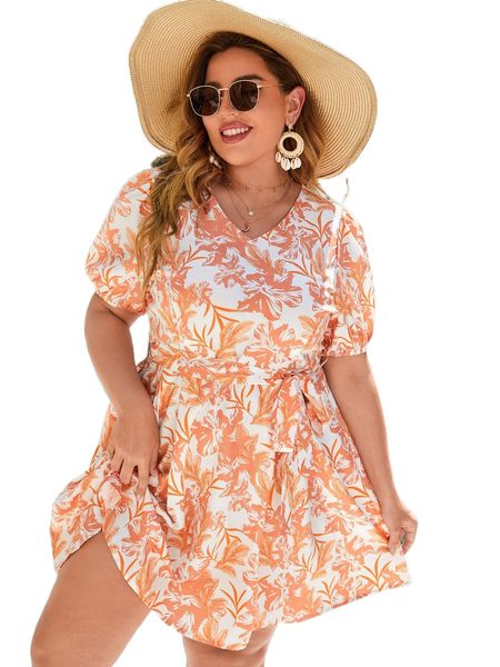 

plus floral print puff sleeve belted dress n2bp#, Black