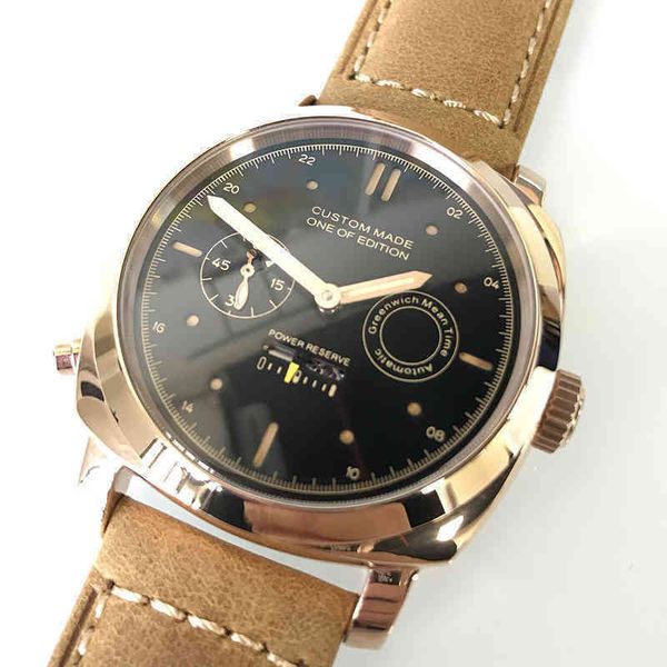 

44mm military automatic mechanical watch men date power reserve black stainless steel dial leather luminous watches p16, Slivery;brown