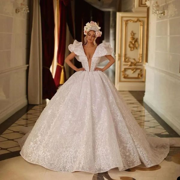 

princess shiny ball gown wedding dresses deep v neck strapless lace sleeveless appliques sequins floor length train ruffles plus size robe d, White