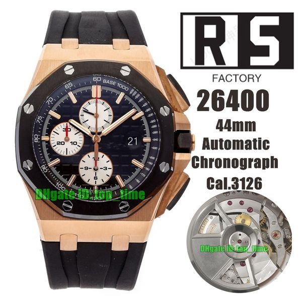 

rs factory watches rsf 26400 44mm rose gold cal.3126 / eta7750 automatic chronograph mens watch ceramic bezel black dial rubber strap gents, Slivery;brown
