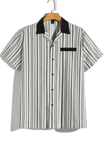 

men striped contrast collar shirt 52ji#, White;black
