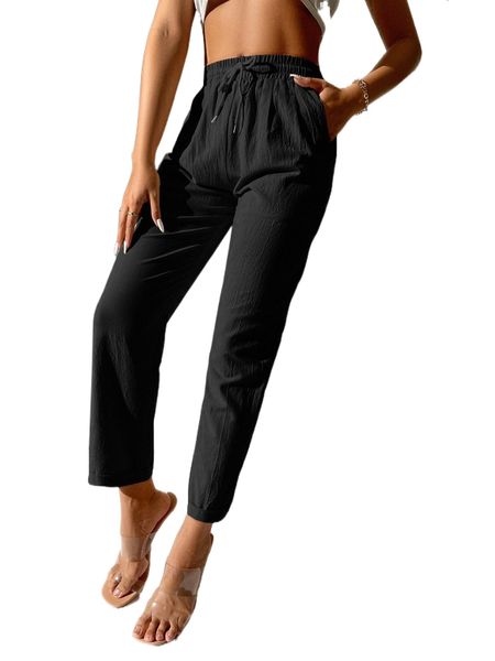 

petite drawstring waist straight leg pants g2vl#, Black;white