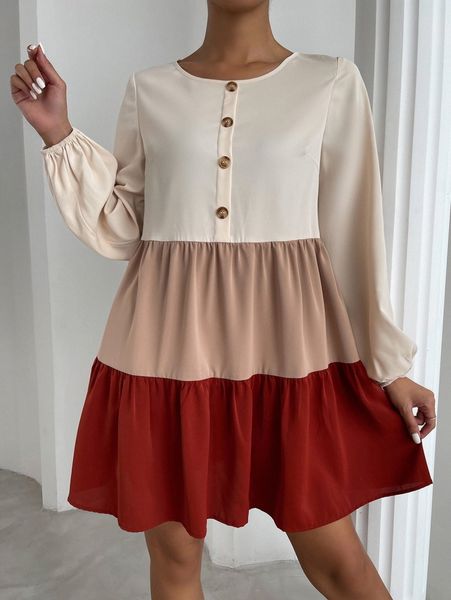 

color block lantern sleeve ruffle hem dress l4ex#, Black;gray