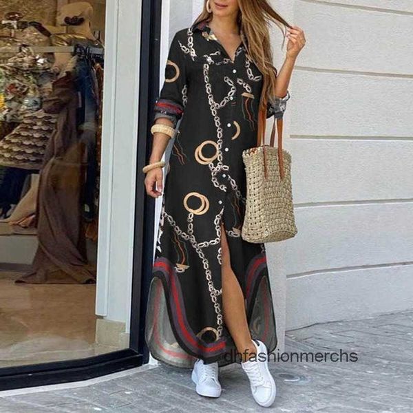 

womens printed long sleeve shirt dresses single breasted casual loose-dress fashion summer party slit hem female maxi dress for women, Black;gray