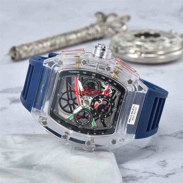 

law mens watch luxury designer sport watches fashion transparent case 44mm chronograph wristwatches silicone strap quartz men cloc296v, Slivery;brown