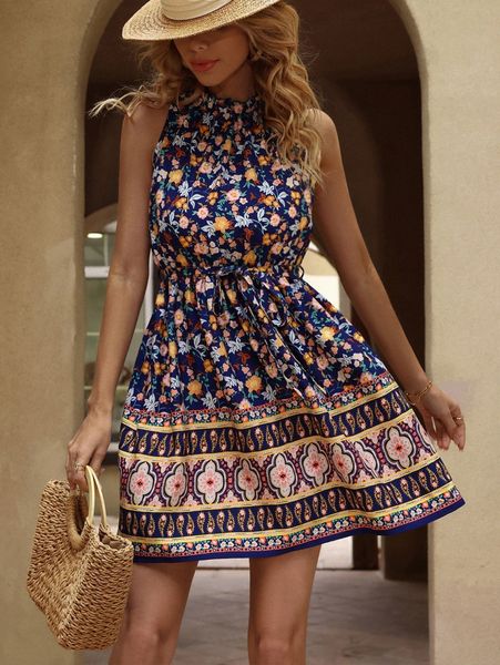 

floral & paisley frill trim halter dress l6ew#, Black;gray