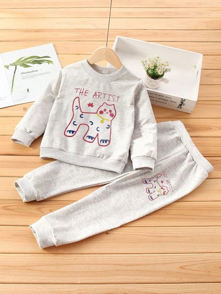 

toddler girls letter and cartoon graphic pullover & sweatpants she, White