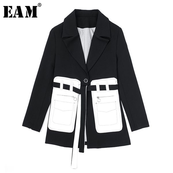 

eam women black pocket split temperament blazer lapel long sleeve loose fit jacket fashion spring autumn 1s394 y201026, White;black