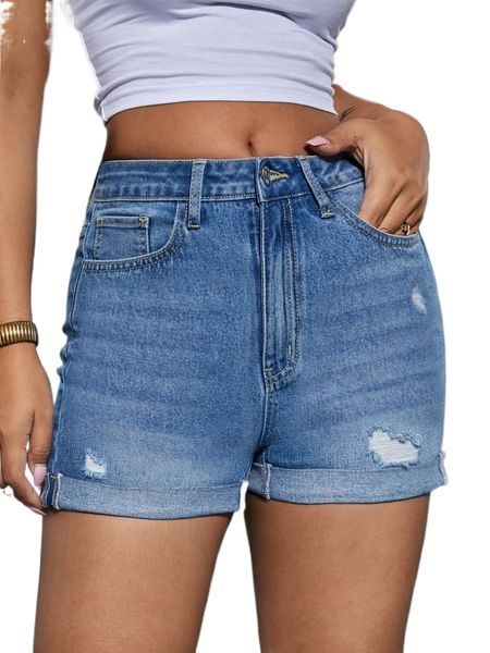 

zipper fly ripped cuffed hem denim shorts k4nc#, White;black
