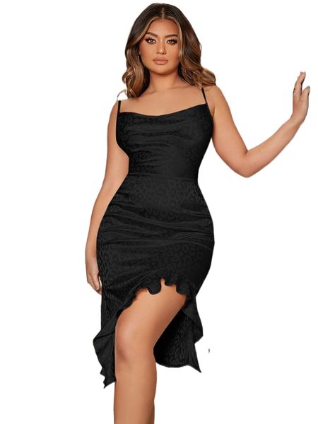 

leopard asymmetrical ruffle hem cami dress r0qa#, Black;gray