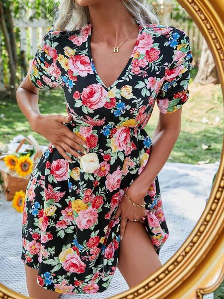 

allover floral a-line dress c8q4#, Black;gray