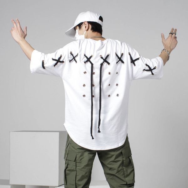 

men's t-shirts high street hairstylist t-shirt fashion man personality rope iron ring hollowed-out club short sleeve t-shirt, White;black