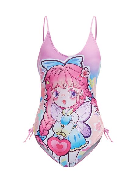 

romwe anime cartoon figure graphic drawstring one piece swimsuit q6gr#, White;black