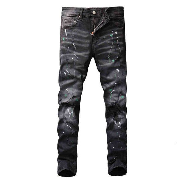 

men's jeans spring and summer fashion high street style hole splashing paint water wash smoke gray slim fit versatile small leg cowboy, Blue