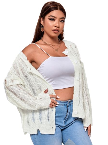 

plus cable knit ripped distressed drop shoulder cardigan 91jf#, Black