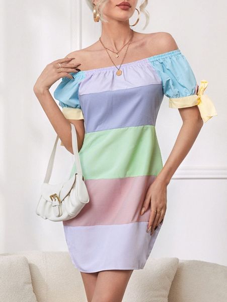 

colorblock off shoulder puff sleeve dress u2hb#, Black;gray