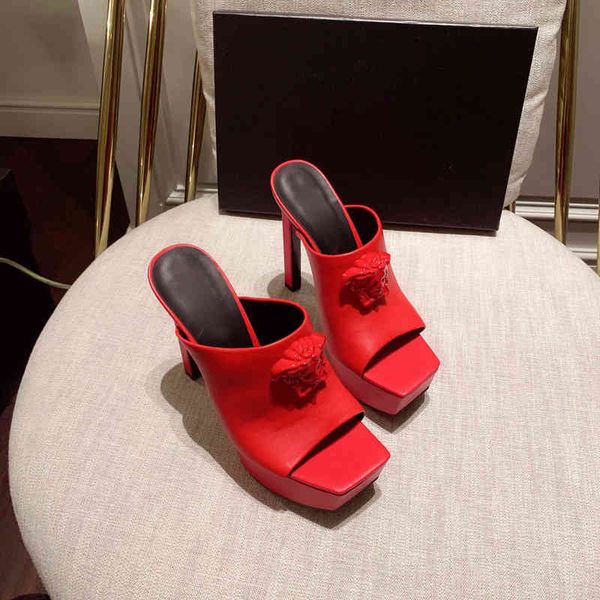 

slippers red la platform slippers high-heeled sandals stiletto mules leather slides high heels slip-on open toe women luxury designers shoes, Black