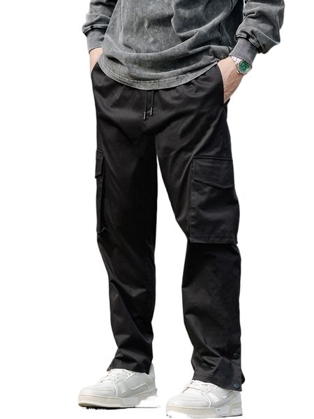 

men plaid drawstring button cargo pants d7fu#, Black