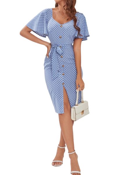 

polka dot butterfly sleeve fake button split thigh belted dress a2yd#, Black;gray