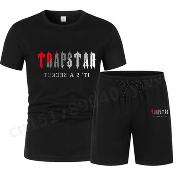 

summer breathable quick drying fitness men s two piece sportswear casual trapstar short sleeved t shirt and drawstring shorts 220707, Gray