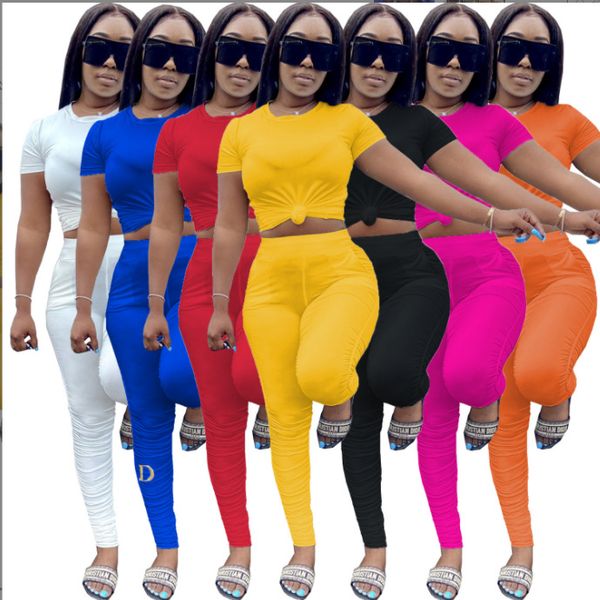 

fall clothing 2022 logo two piece pants set jogger suit women's wrinkled short sleeve t-shirt two piece set solid color tight summer, White